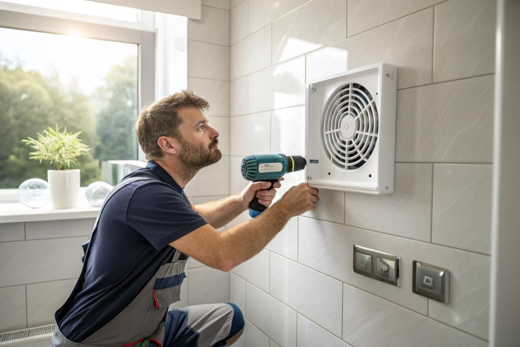 Installer fitting a wall-mounted extractor fan in a bathroom for ventilation