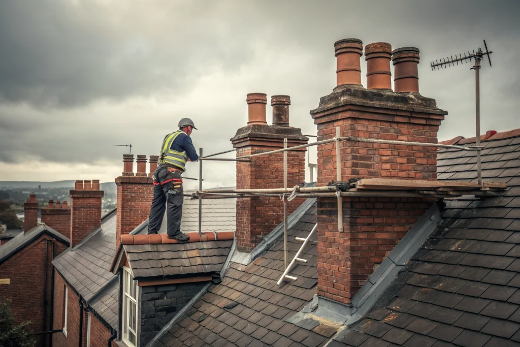 Builder repointing a brick chimney stack from scaffolding on a Victorian terrace