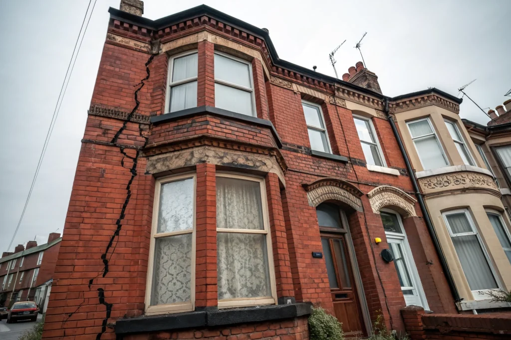 Stepped structural crack in the brickwork of a Liverpool Victorian terraced house
