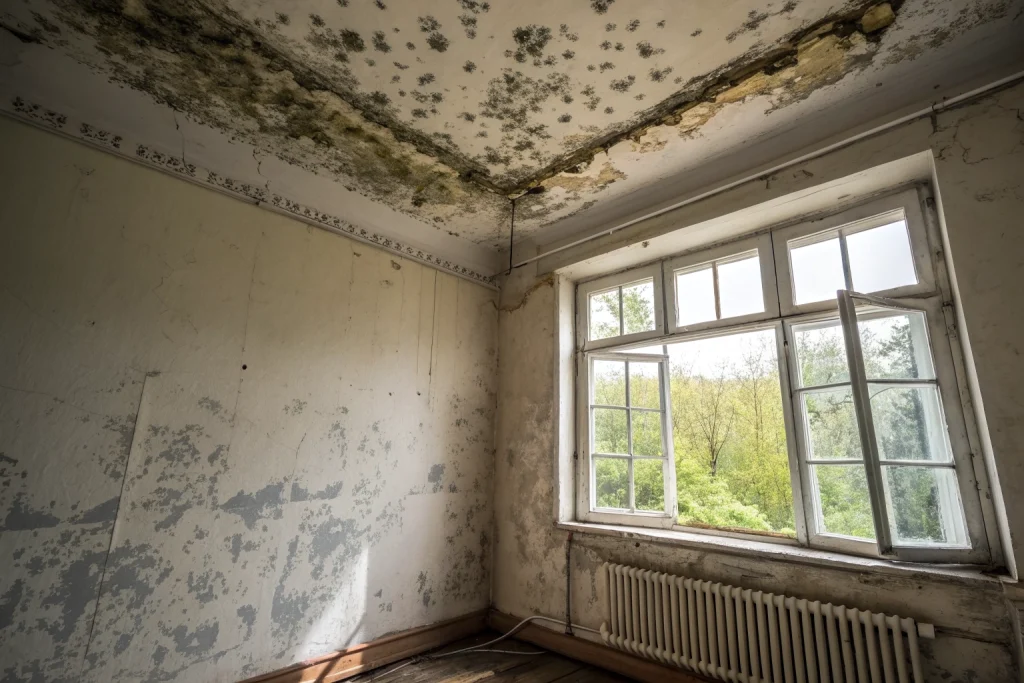 Black mould growing on a bedroom ceiling and wall above a window
