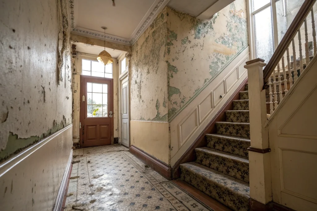 Rising damp tidemark and peeling paint on the lower wall of a Victorian terraced hallway