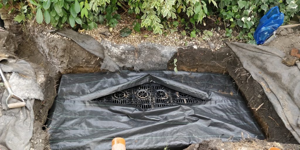 Soakaway chamber excavated and lined ready for drainage work